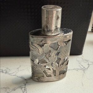 Antique Mexico Sterling Silver Overlay Glass Perfume Bottle Flask Large Size 3in